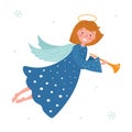 Cute christmas angel with a trumpet on a white background. Little girl angel with blue wings flying in the sky.