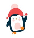 Cute Christmas baby vector penguin in knitted red hat in cartoon style. Isolated on white background flat illustration Royalty Free Stock Photo