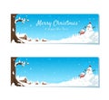 Cute Christmas background banner with snowman smiling happily outside and tiny houses covered with snow vector illustration. Merry