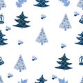 Cute Christmas background with fur trees, hollies, christmas balls. Seamless vector pattern in stylish pastel blue winter colors Royalty Free Stock Photo