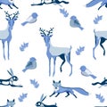 Cute Christmas background with fur trees, hollies, birds, foxes, deers, hares, christmas balls. Seamless vector pattern in stylish Royalty Free Stock Photo