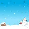 Cute Christmas background with snowman smiling happily outside and tiny house covered with snow vector illustration. Merry