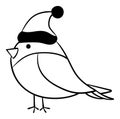 Cute Christmas Bird Wearing Santa Claus Hat in Black and White Colours. Vector Xmas Bird Royalty Free Stock Photo