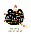 Cute Christmas Black Cats adorned with lights, Meowy Christmas, humor greeting card, Funny and Playful Cartoon Illustration