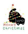 Cute Christmas Black Cats adorned with lights, Meowy Christmas, humor greeting card, Funny and Playful Cartoon Illustration