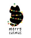 Cute Christmas Black Cats adorned with lights, Merry Catmas, humor banner and greeting card, Funny and Playful Cartoon