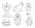 Cute Christmas black and white toys collection. Vector New Year line gifts for kids. Santa Claus presents for children. Rocking Royalty Free Stock Photo