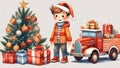 A cute Christmas boy with a red toy firetruck next to a decorated Christmas tree and lots of present boxes. Royalty Free Stock Photo