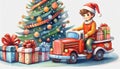 A cute Christmas boy with a red toy firetruck next to a decorated Christmas tree and lots of present boxes. Royalty Free Stock Photo