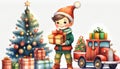 A cute Christmas boy with a red toy firetruck next to a decorated Christmas tree and lots of present boxes. Royalty Free Stock Photo