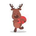 Cute christmas brown reindeer with a gift bag Royalty Free Stock Photo