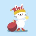 Cute Christmas bunny. Flat cartoon illustration of a little white rabbit dressed Santa costume holding star isolated on Royalty Free Stock Photo