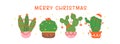 Cute Christmas Cactus Cartoon banner, Kawaii Retro Western plant Hand Drawing and Festive Flat Design Royalty Free Stock Photo