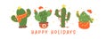 Cute Christmas Cactus Cartoon banner, Kawaii Retro Western plant Hand Drawing and Festive Flat Design Royalty Free Stock Photo