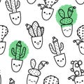 Cute Christmas cactus doodle seamless pattern in sketch style. Festive cacti characters variety with kawaii emotions