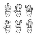 Cute Christmas cactus doodle set in sketch style. Cacti characters variety with kawaii emotions for New Year celebration