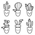 Cute Christmas cactus doodle set in sketch style. Cacti characters variety with kawaii emotions for New Year celebration