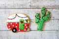 Cute Christmas camper and cactus decorated sugar cookies Royalty Free Stock Photo