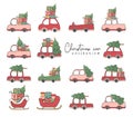 Cute Christmas car with christmas tree and gift boxes doodle cartoon hand drawn collection vector illustration Royalty Free Stock Photo