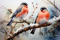 Cute Christmas card with bullfinches on a branch. Fancy watercolor drawing, Happy New Year greeting. AI generation