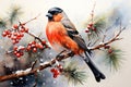 Cute Christmas card with bullfinches on a branch. Fancy watercolor drawing, Happy New Year greeting. AI generation