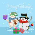 Cute Christmas card with snowman, bear and gift. Royalty Free Stock Photo