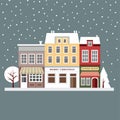 Cute christmas card with houses, winter snowy scene, flat design, Royalty Free Stock Photo