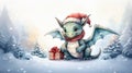 Cute christmas card with little dragon and gifts. Fancy watercolor drawing, Happy New Year greeting. AI generation