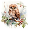 Cute Christmas card with a little owl. Fancy watercolor drawing, Happy New Year greeting. AI generation