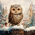 Cute Christmas card with a little owl. Fancy watercolor drawing, Happy New Year greeting. AI generation
