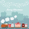 Cute christmas card with train, gifts, winter houses, falling snowflakes, illustration background