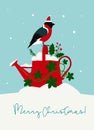 Cute Christmas card watering can with holly and ivy leaves , bullfinch