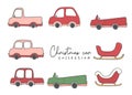 Cute Christmas cars and sleighs doodle cartoon hand drawn collection vector illustration Royalty Free Stock Photo