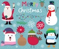 Cute Christmas character, Santa Clause, snowman, penguin, polar bear, robin and christmas ornament decoration