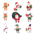 Cute Christmas Characters Collection. Funny Santa Claus, Gingerbread, Snowman, Fox, Elf, Rabbit, Reindeer Cartoon Style