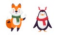 Cute Christmas characters set. Adorable funny penguin and fox cartoon vector illustration Royalty Free Stock Photo