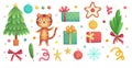 Cute Christmas characters - tiger at carnival party, Christmas tree, gifts, snowflakes - watercolor illustrations