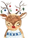 Cute Christmas deer with new year baubles on hornes. Hand drawn watercolor illustration for winter greetings