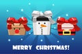 Cute Christmas different gifts, snowman, deer and Santa Claus. Creative packaging, vector object.