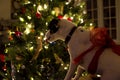 Cute Christmas dog next to illuminated Christmas tree