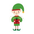 Cute christmas elf character in green costume holding gift, present vector cartoon style illustration Royalty Free Stock Photo