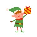 Cute christmas elf holding present decorated with bow. Happy childish xmas dwarf with wrapped giftbox. Flat vector Royalty Free Stock Photo