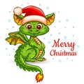 Cute Christmas dragon, dinosaur animal character in Santa hat, Chinese New Year holiday. Fairy fire lizard. Greeting card. Vector