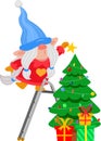 Cute Christmas Female Gnome Cartoon Character Decorates The Christmas Tree