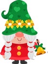 Cute Christmas Female Gnome Cartoon Character Ringing A Bell