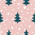 Cute christmas fir trees seamless pattern in minimalist flat cartoon style on pink background with snowflakes. Vector illustration Royalty Free Stock Photo