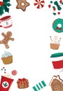 Cute Christmas frame with hot drinks, gingerbread cookies, cupcakes on white background