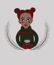 cute christmas girl of African nationality with red hair in a warm green sweater, smiles and holds a delicious cocoa with