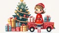 A cute Christmas girl with a red toy firetruck next to a decorated Christmas tree and lots of present boxes. Royalty Free Stock Photo