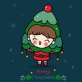 Cute christmas girl vector with tree x mas cartoon festival happy new year Royalty Free Stock Photo